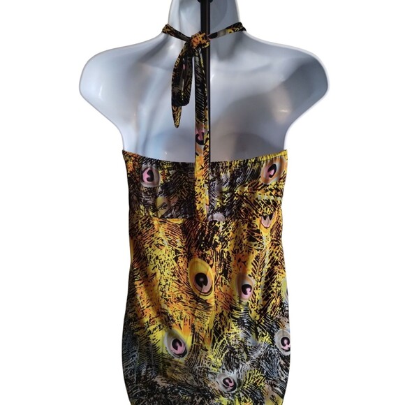 Womens Blue and Gold Peacock Feather Pattern Maxi Halter Dress Med - Picture 4 of 6